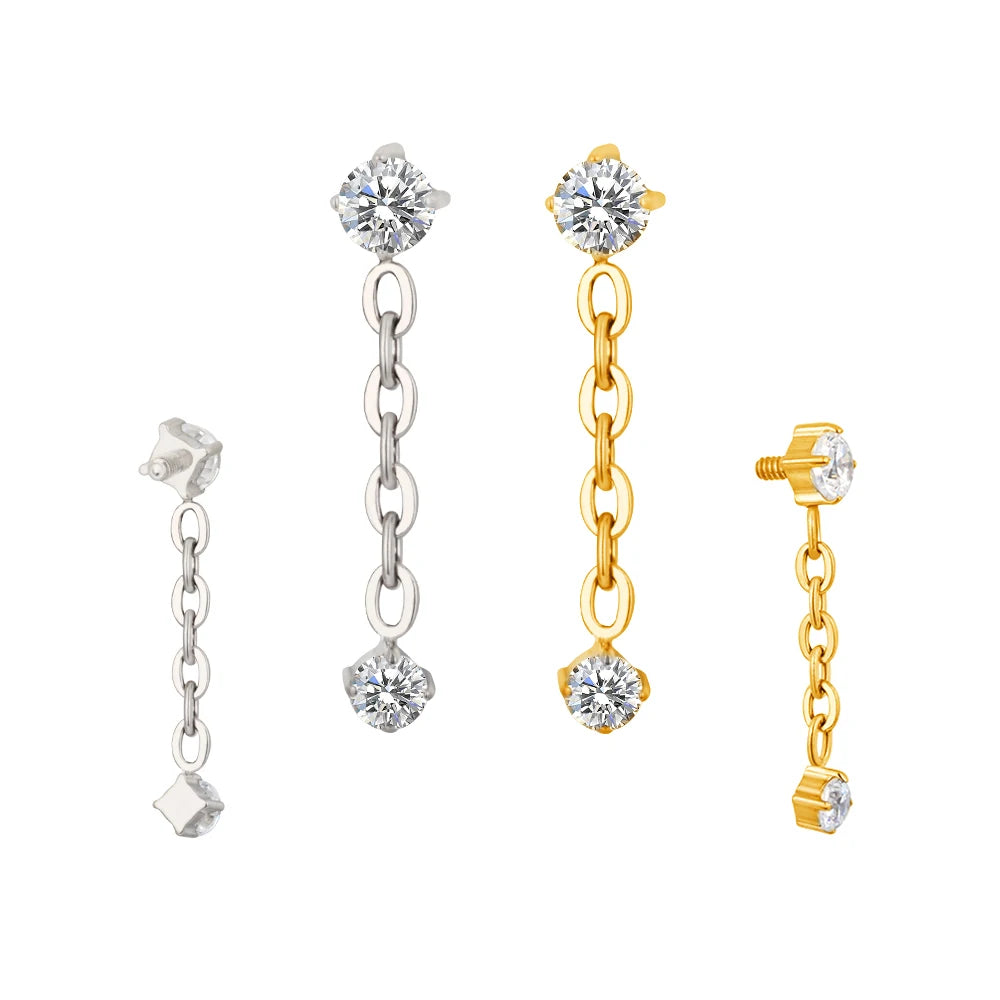 G23 Titanium Earring Nose Rings Wholesale Chain Dangle Double Round CZ Internally Threaded End Titanium Tops Piercing Jewelry