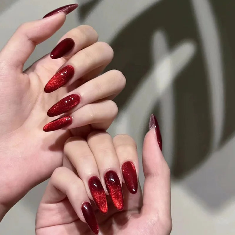 Private Label Long Salon Gel Press on Nails Almond Cat Eye Red Nails Fake Artificial Fingernails Gel Nails Press Ons