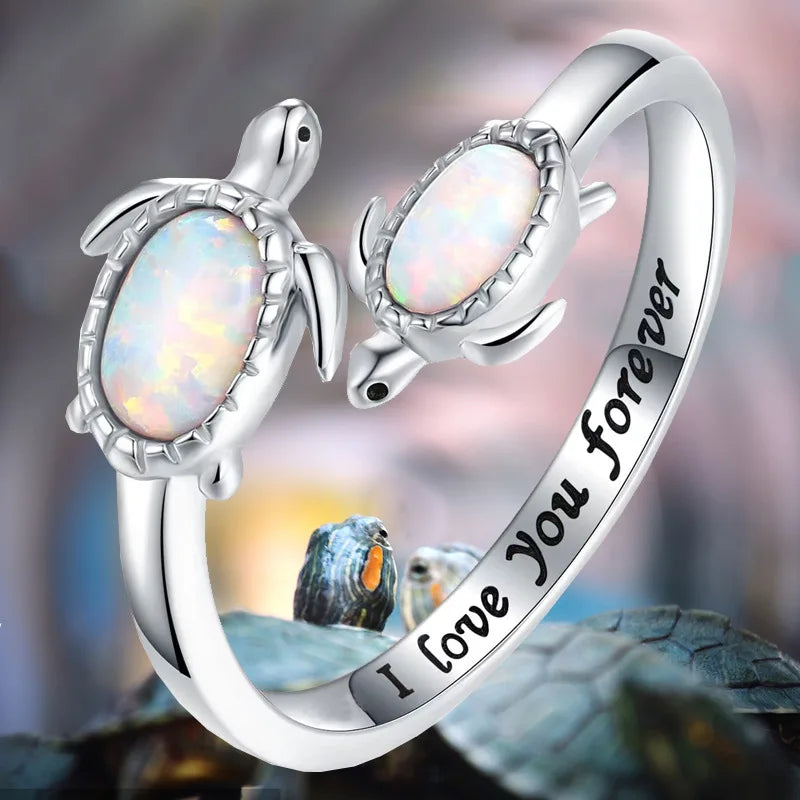 Ocean Style Tortugas Turtle Ring Fashion Fine Jewelry Rings Opal Open Adjustable Animal Ring