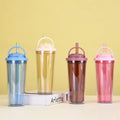 Colorful Double-Walled Plastic Straw Tumbler with Large Hole Dual-Drinking Lid Portable Handle Cup for Bubble Tea Pearl Sipping