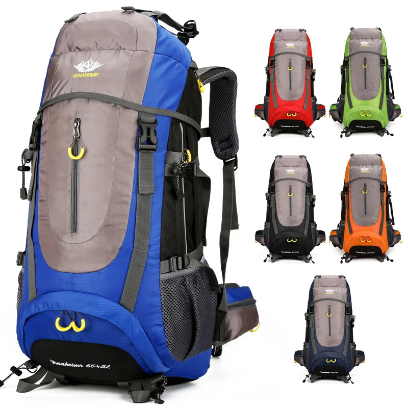 Promotional Custom Waterproof Travel Mountain Climb Picnic Camping Outdoor Leisure Sports Backpack Polyester 56-77L Capacity