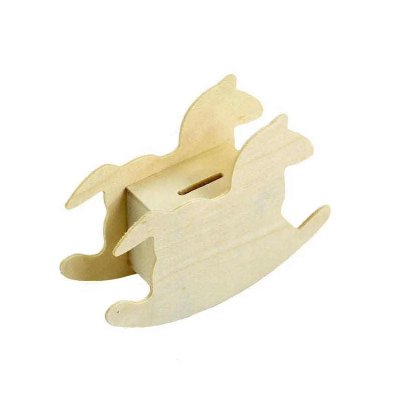 Kids DIY Wooden Toy Coin Box Piggy Coin Bank Natural Horse Shape Wooden Money Box