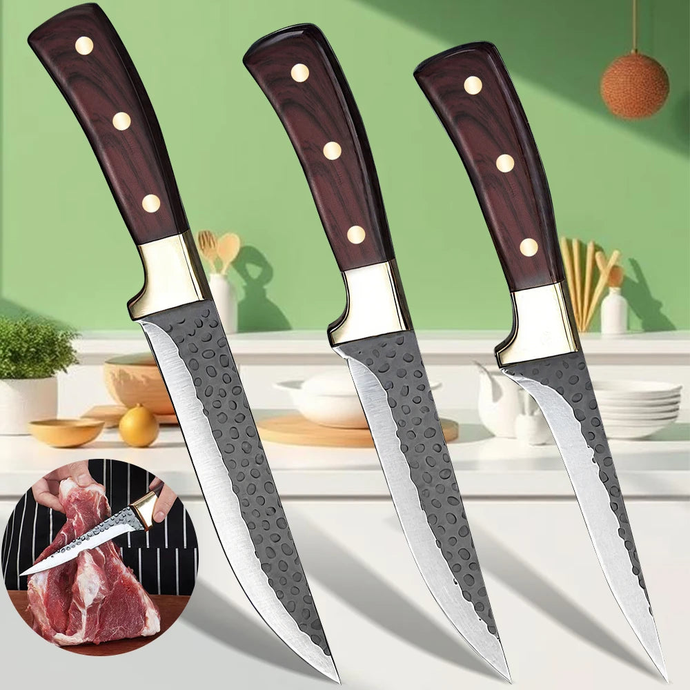 Butcher Knife Set 3pcs Super Sharp Hand Forged Stainless Steel Fillet&Dividing&Paring Knives Multipurpose Kitchen Cleaver Knife
