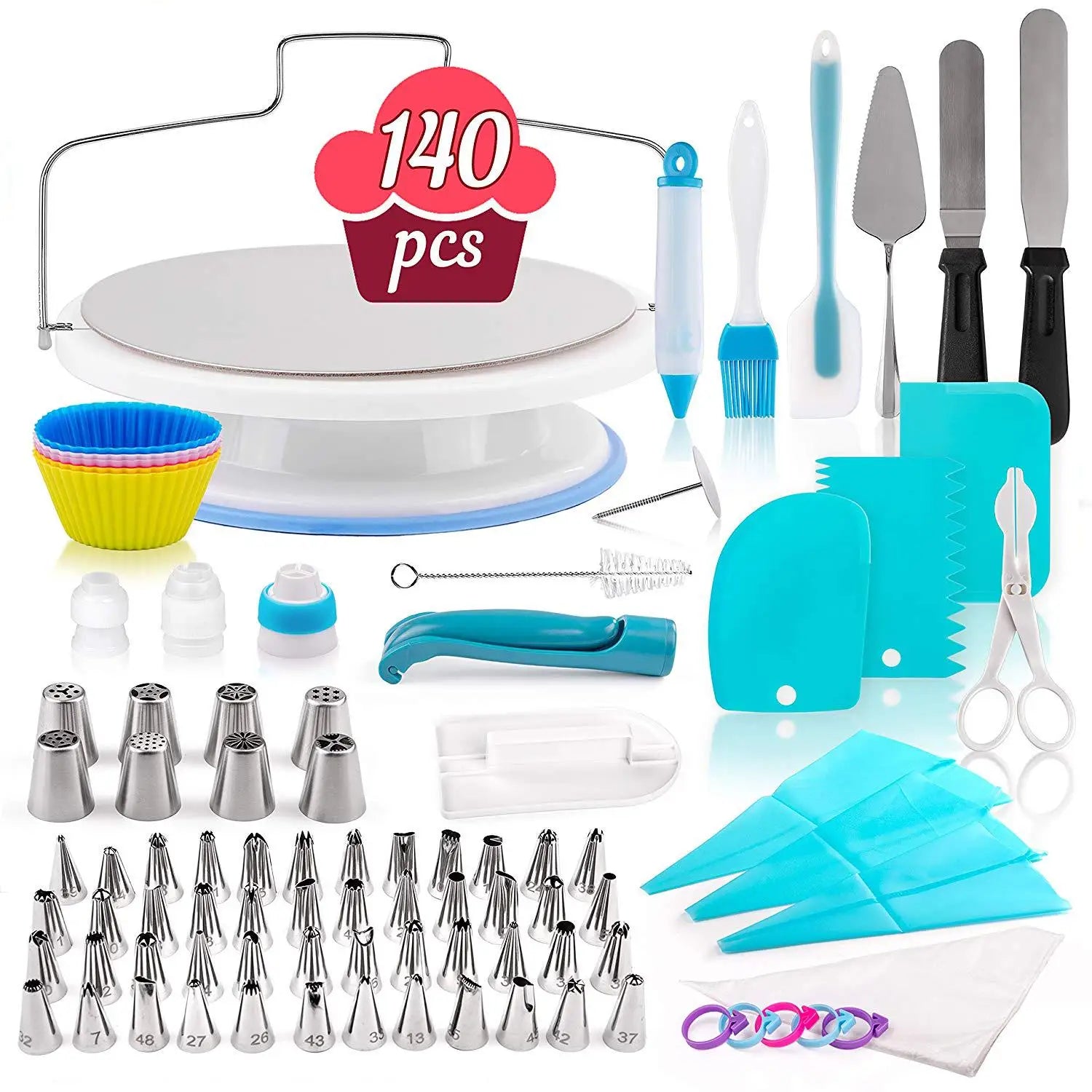 140pcs Cake Decorating Tip Sets Cake Turntable Stand Stainless Tulip Pastry Nozzles Confectionery Bag Baking Tools for Cakes