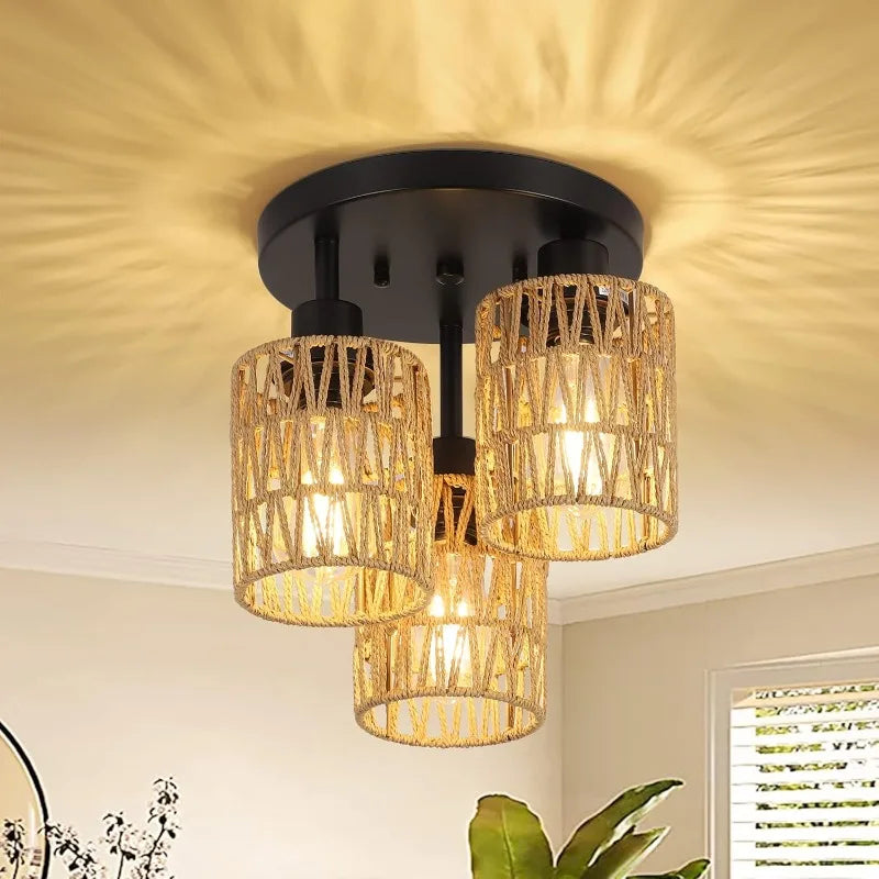 3-Lights Boho Light Farmhouse Rattan Chandelier Flush Mount Ceiling Lights for Bedroom Foyer Entryway Kitchen Hallway Light
