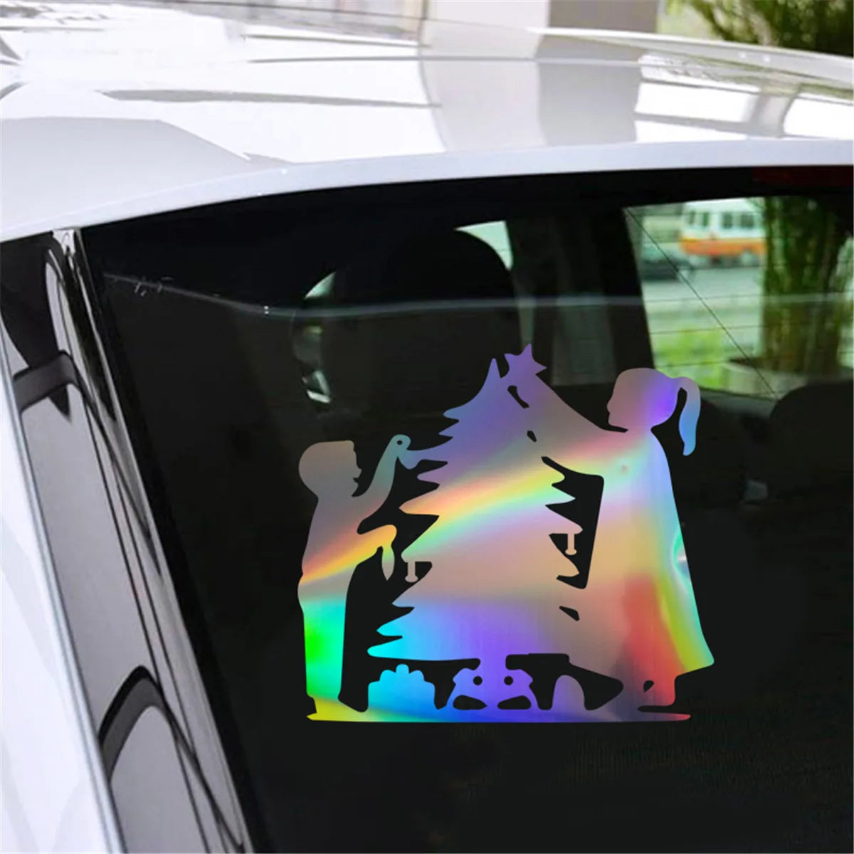 Two Kids Decorating Christmas Tree Car Laser Sticker Vinyl Decal Car Truck Bumper Window Laptop Sticker Decor Gift