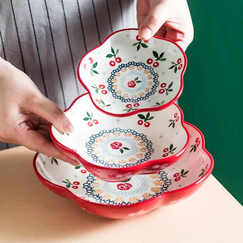 Japanese-style Household Hand-painted Cherry Tableware Creative Ceramic Bowl Soup Bowl Noodle Bowl Dinner Plate
