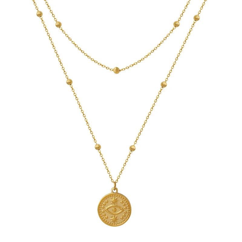 Fashion Simple Design Necklace Stainless Steel Plated 18k Gold Double Round  Pendant Necklace
