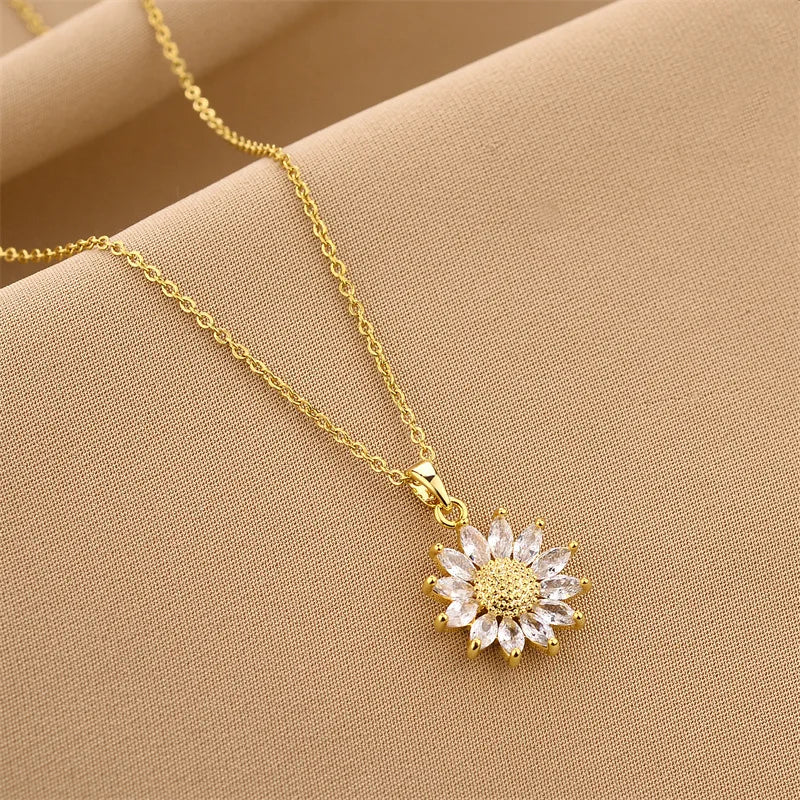 Kolye Full Diamond Zircon 18K Gold Necklace Stainless Steel Chain Dainty Flower Sunflower Necklace for Party
