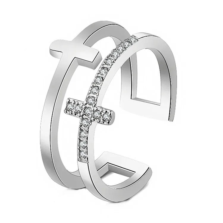 Double-Layer Cross Cubic Zirconia Adjustable Finger Rings Women Bling Korean Jewelry Gold Cross Ring