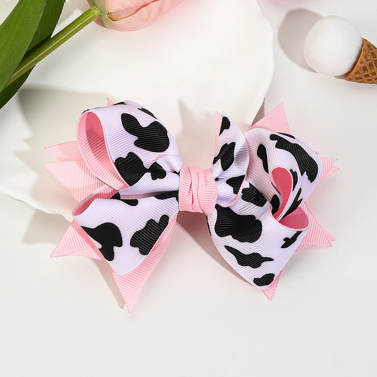 CN 5.3Inch Pink Boutique Printed Cow Hair Bows Grosgrain Ribbon Farm Cow Hair Clip for Kids Girls