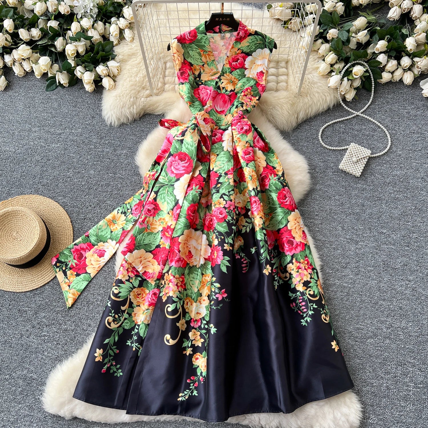 LW0846 2025 Spring New Retro V-Neck Lace Waist Print Sleeveless Dress Women'S Long Skirt Plus Size Dress Elegant