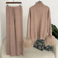 OFTBUY 2025 Women's Casual Autumn Winter Fashion Natural Real Sheep Fur Cuffs Cashmere Knitted Sweater Long Pants Thick Warm