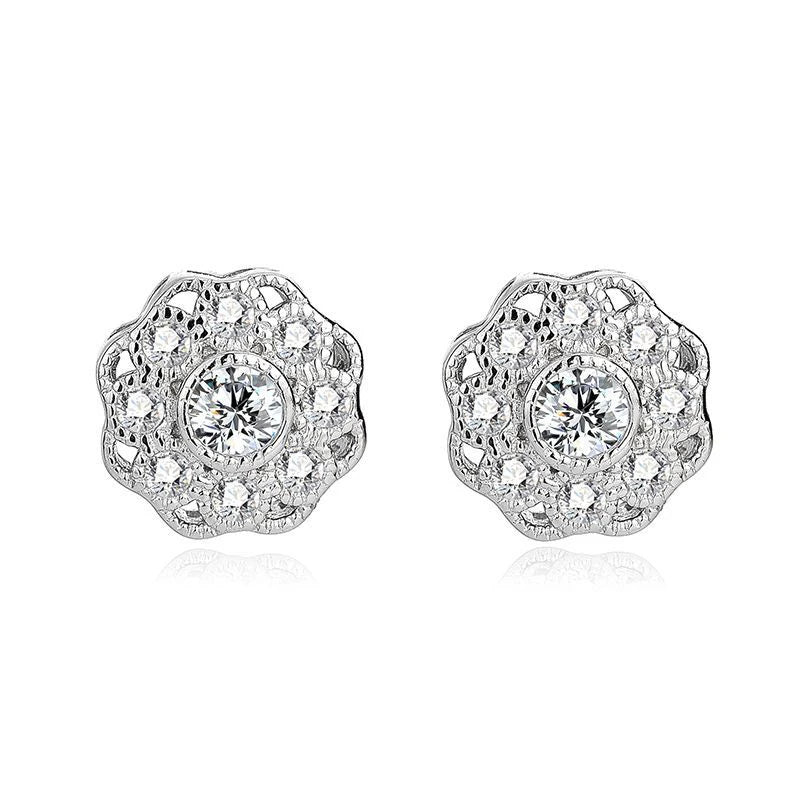 Dainty 925 Sterling Silver Flower Shape Stud Earrings Simple Sweet Diamond Zircon Studs for Women Trendy Wedding Party Gift