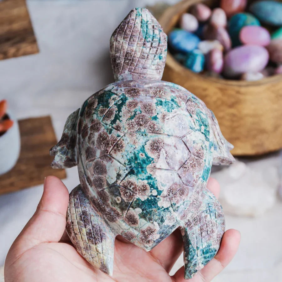 Polished Crystal Big Flower Agate Sea Turtle Craving Natural High Quality Hand Carved Tortoise Crystal Animal Sea Turtle