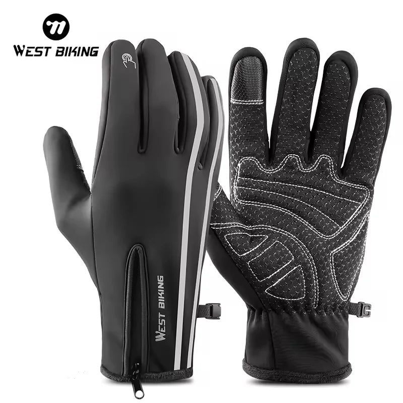 WEST BIKING Full-Finger Bicycle Gloves Winter Sports Touch Screen Motorcycle Mountain Bike Cycling Gear PU Leather Warm Outdoor