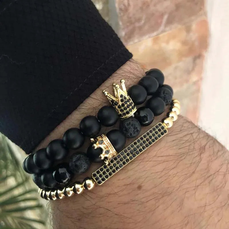 3pcs/set Natural Stone Beads Crown Bracelet Black Frosted Lava Stone Crown Strip Bracelet Creative Men's Hip Hop Jewelry