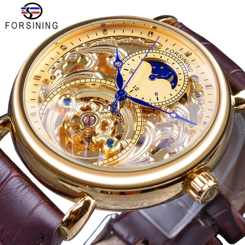 Forsining 726G Business Watch Clock Moon Phase Leather Mens Automatic Mechanical Wrist Watches Top Brand Relogio Masculino