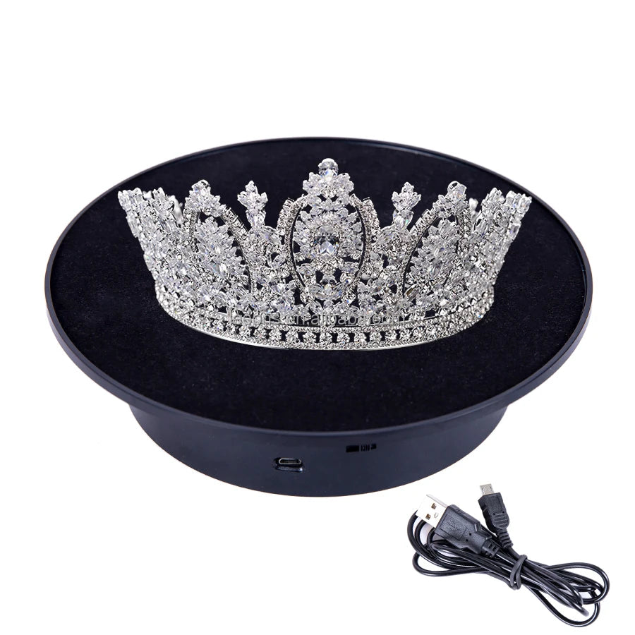 Leeons 360 Degree Black/White Color Velvet/Mirror Top 20cm Battery Powered/USB Motorized Rotating Display Stand Jewelry Wig