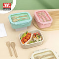 Wholesale 2 Compartments 850ML Wheat Fiber Plastic Microwave Airtight Food Container Bento Lunch Box  with Fork and Spoon