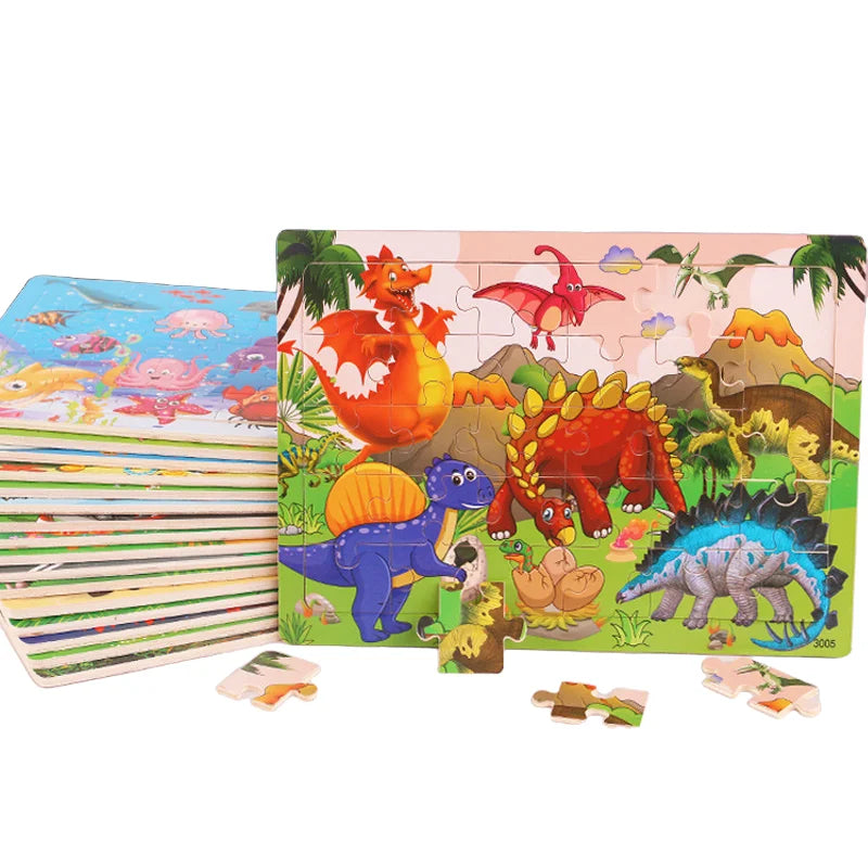 2025 30 Pieces Wooden Dinosaur Jigsaw Puzzle Board Montessori educational Animal Travel colorful puzzle Toys For Kids Boys Girls