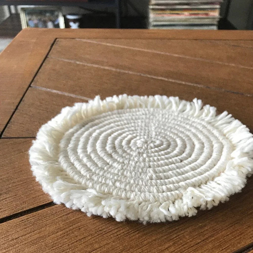 Round Cotton Braid Coaster Tassel Placemat Handmade Macrame Cup Cushion Bohemia Style Non-slip Cup Mat Coffee Pad Table Decor