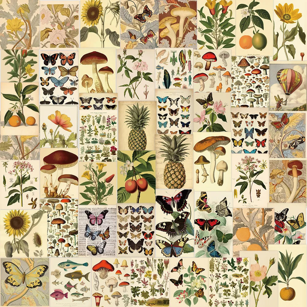 50PCS Vintage Artsy Aesthetic butterfly Poster Flower Cute Mushroom Nature Sticker