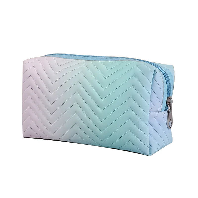 Women's Gradient Color PU Leather Quilting Travel Portable for Toiletry Cosmetics Storage Bag Zipper Closure Striped Logo Design