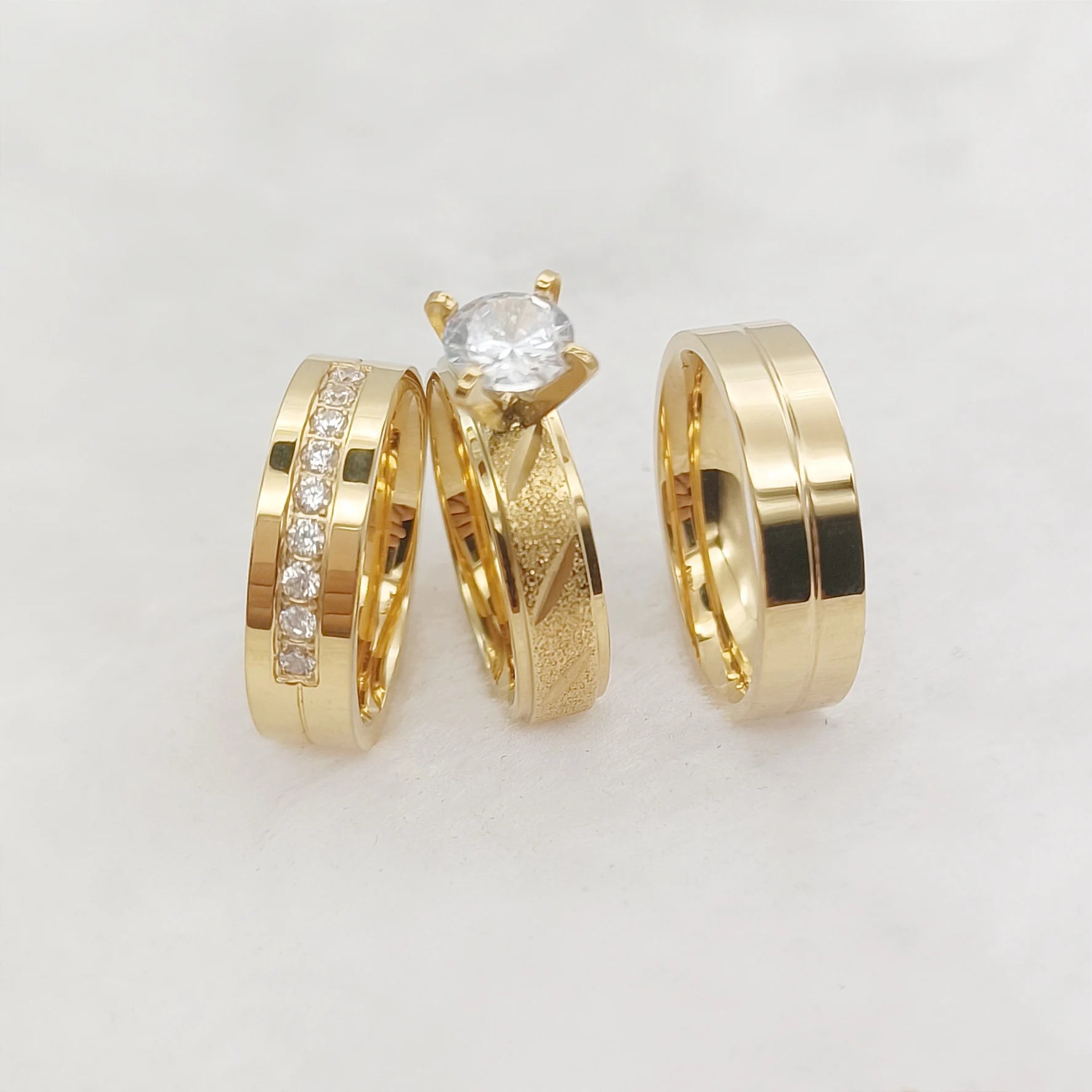 Handmade Cz Diamond 3pcs Wedding Engagement Rings Sets for Couples Fashion 24k Gold Plated Jewelry