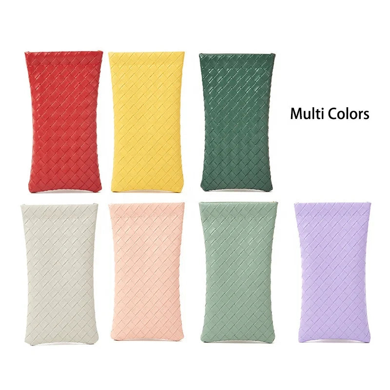 New Fashion Solid Color Woven Glasses Storage Pouch Squeeze Top PU Leather Sunglasses Case Cosmetic Bag