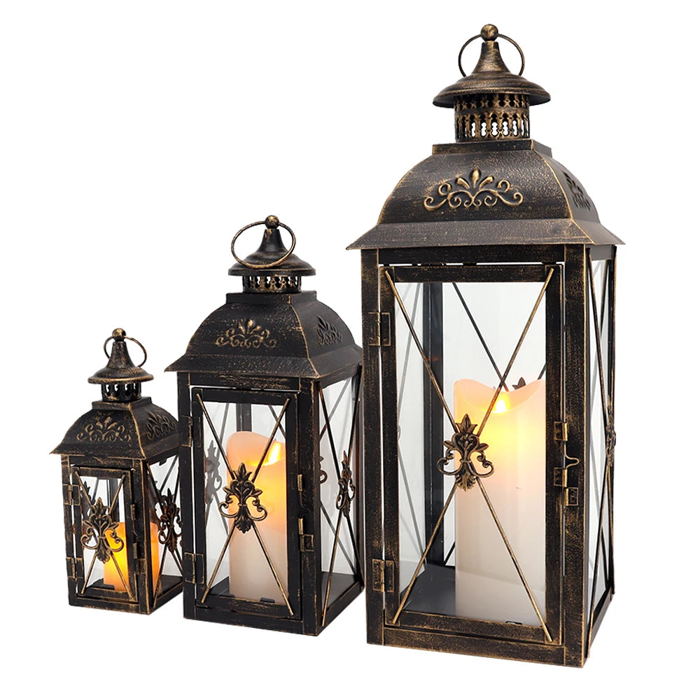 Vintage Black Gold Brush Large Candle Fragment Lanterns Large Floor Stand European Iron Empty  Hanging Lantern for Candle
