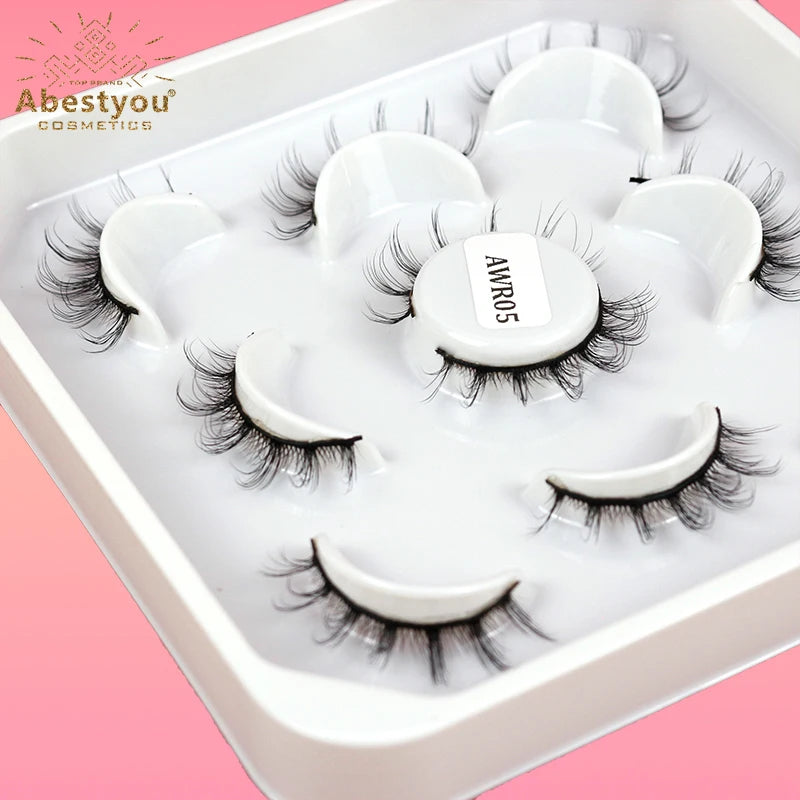 Abestyou D Curl 5pairs 3d Russian Full Strip Eyelashes Natural Long 9-15mm Short Mink Lashes Soft Thin Band Eyelash Wholesale