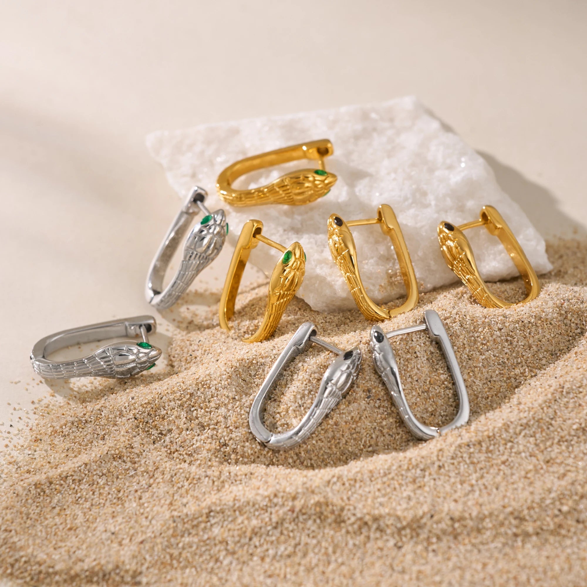 NEW VINTAGE SNAKE GREEN ZIRCON HIGGIE EARRINGS Dazan Summer 18k Gold Plated Hypoallergenic Stainless Steel ACTOR PROP JEWELRY