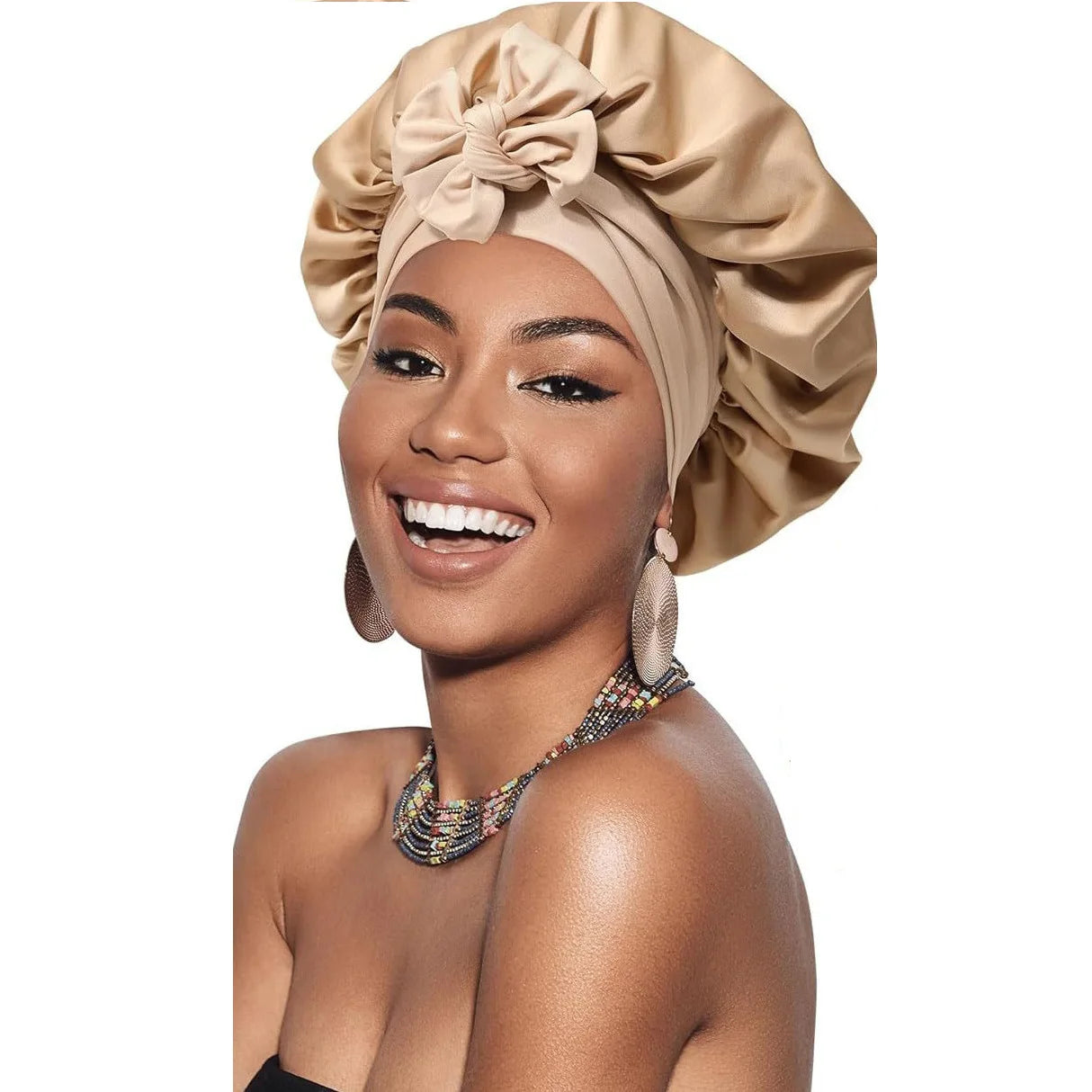 OEM Custom Logo Satin Bonnets Elastic Tie Bands Private Label Double Layered Silk Unisex Hair Bonnets for Beach Fishing Party