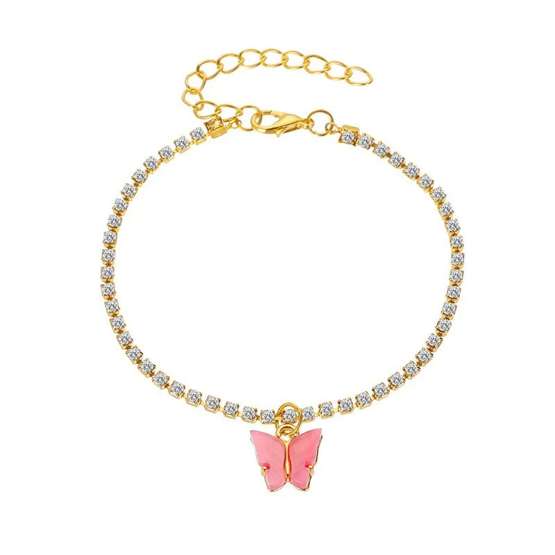 Wholesale Fashion Tennis Chain Full Crystal Rhinestone Butterfly Pendant Leg Anklets for Women Ladies Jewelry