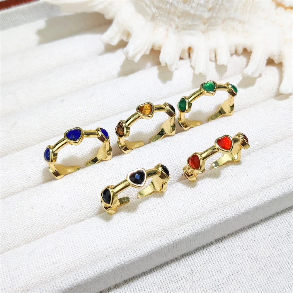 Assorted Stones Silver Plated Rings Heart Cut Crystal Quartz Tiger's Eye Black Obsidian Lapis Lazuli Rings for Women Anniversary