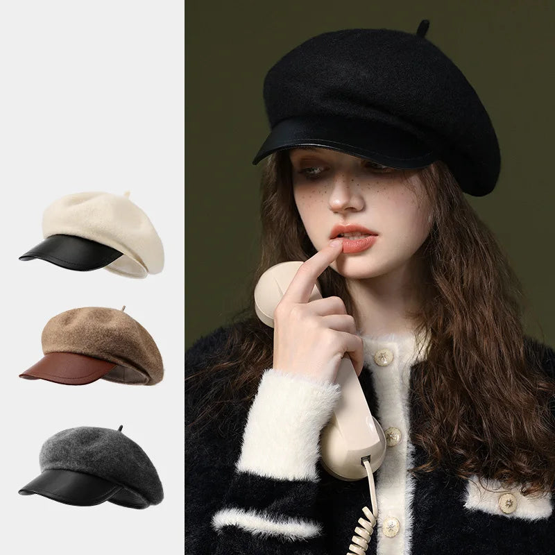 Autumn and Winter Beret for Women New Wool Large Head Size British Retro Slimming Face Painter Hat Warm Hat