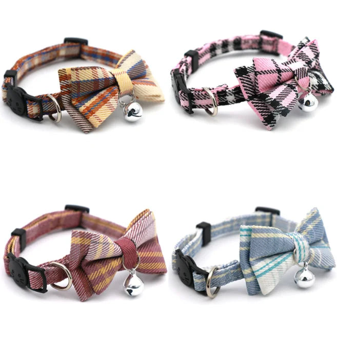 Plaid Adjustable and Removable Cat Collar Quick Release Cat Collar Bells With Bow Tie