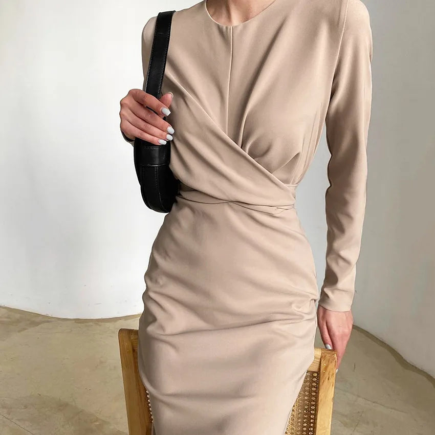 Enyami Classy Elegant Utility Leisure Women Dresses Fashion Draped Cross Long Sleeve Midi Bodycon Office Casual Dress