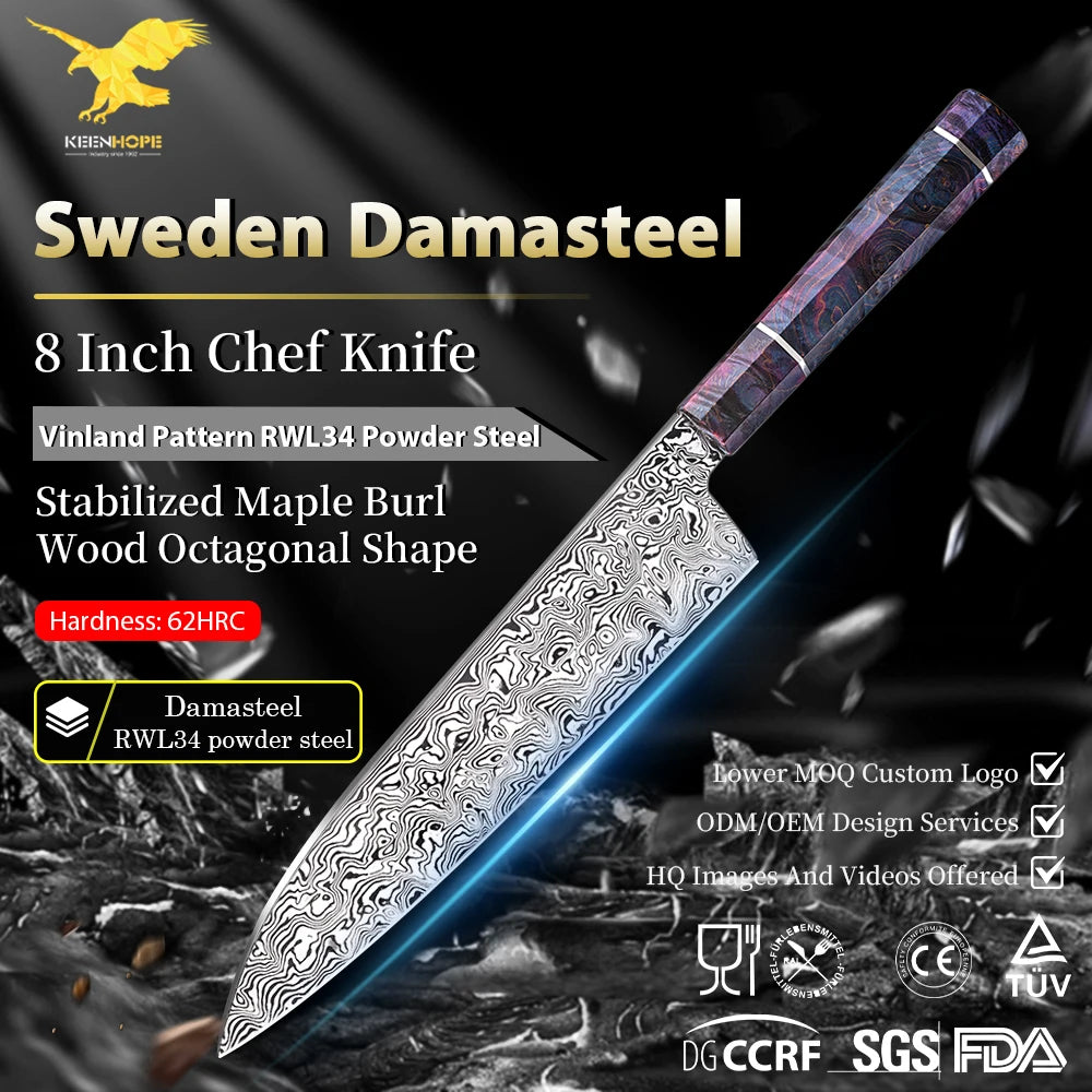 KEENHOPE Professional 8 Inch Damascus Chef Knife Sweden Damasteel Vinland RWL34 Powder Steel Stabilized Maple Burl Wood Handle