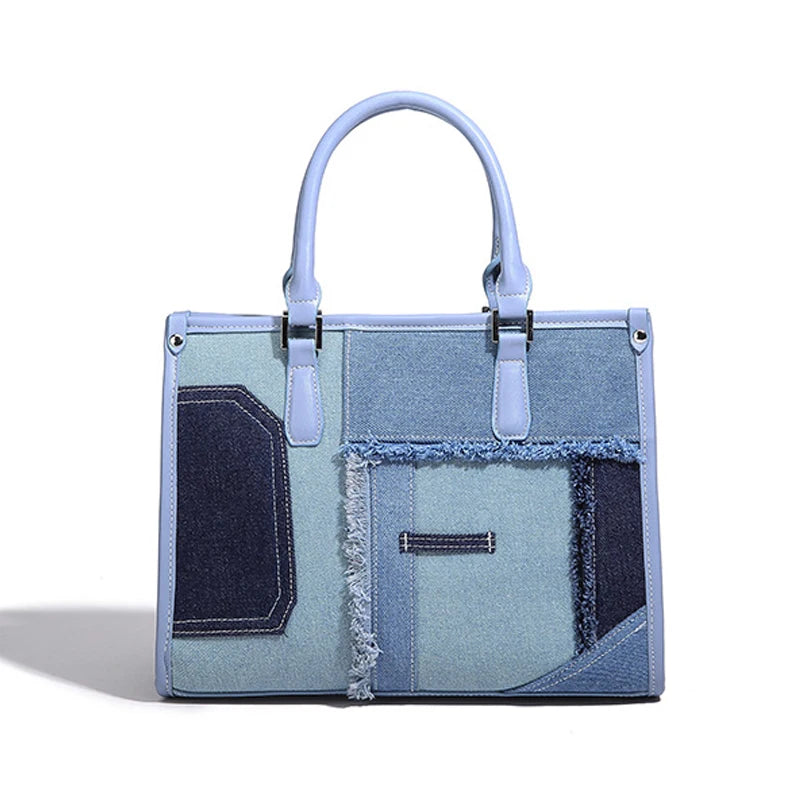 Large Jeans Bag for Ladies Patchwork Satchels Handbags Denim Tote Bags for Women with Zipper