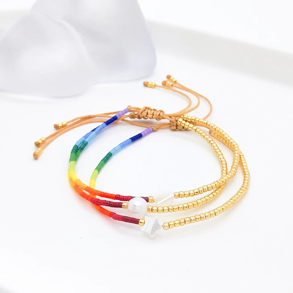 Go2boho Women's Handmade Boho Style Rainbow Miyuki Beaded Bracelet with Pearl and Star Charm Adjustable Bangles Jewelry Gift
