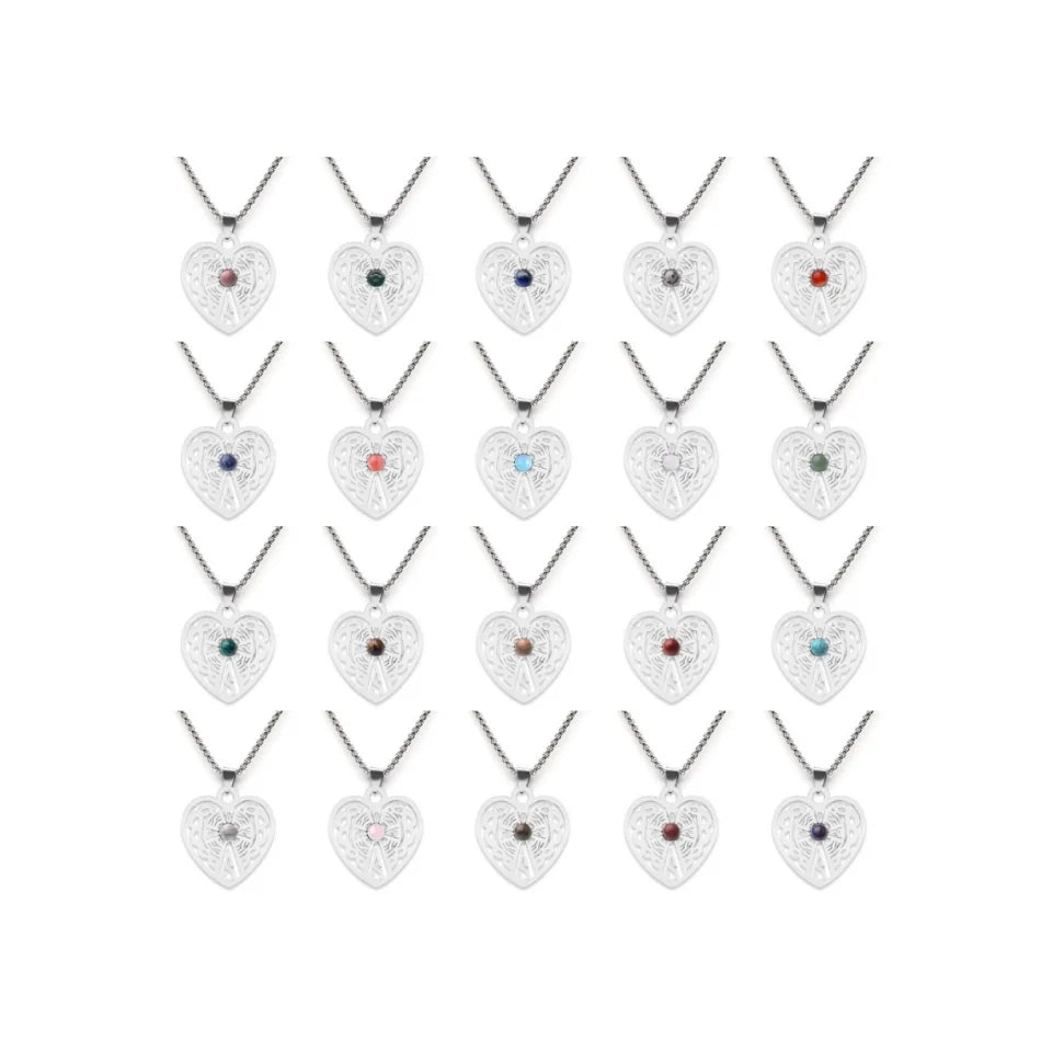 Retro Carving Heart Stainless Steel Necklace with Natural Cabochon Stone Classic Carved Pattern Necklace Jewelry for Women Men