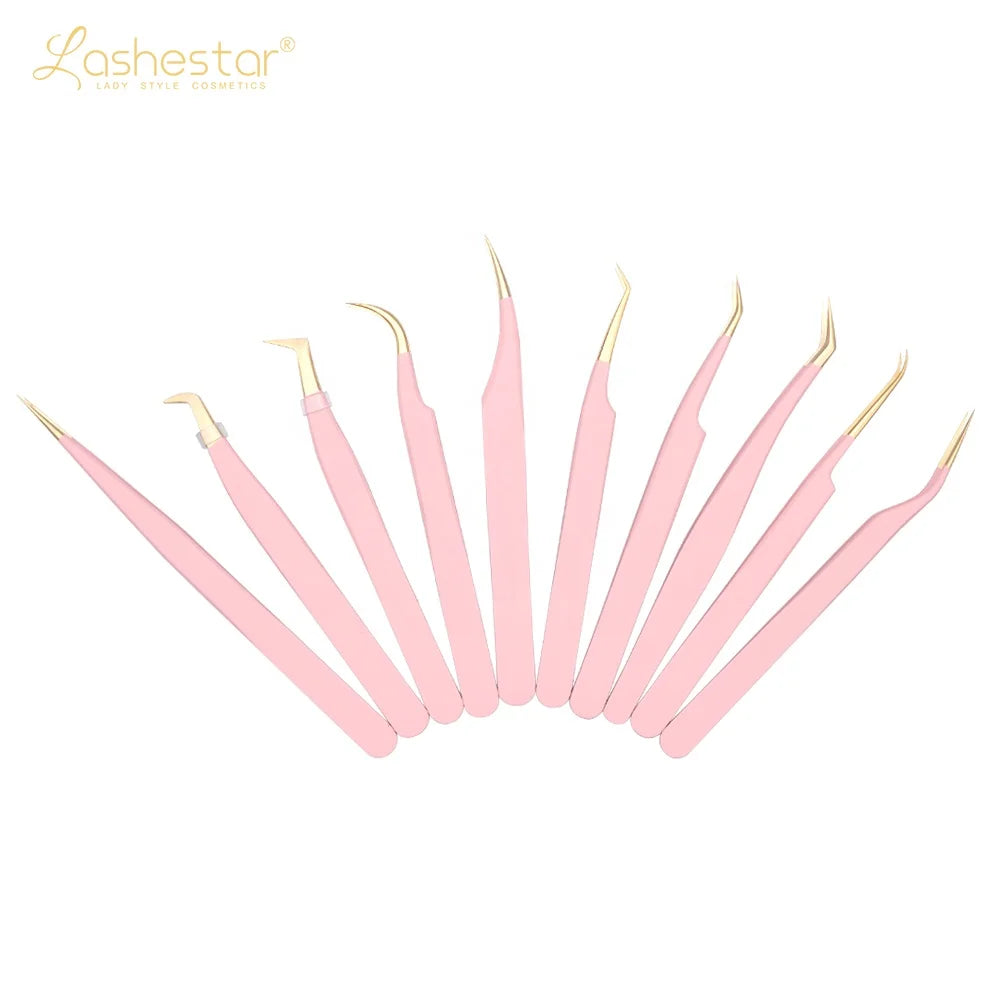 Lashestar Rose Gold pink with Gold Wholesale Custom Logo Custom Eyelash Extension Tweezers Private Label Lash Tweezers