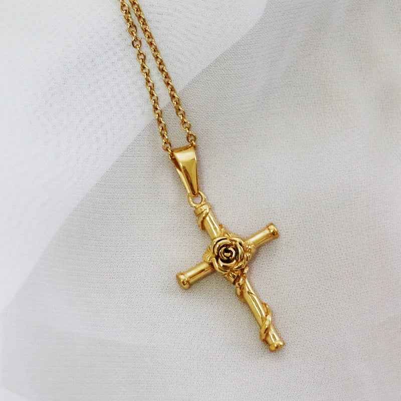 18k Gold Plated Religious Rose Cross Necklace Christian Mens Stainless Steel Jesus Necklaces Cross Crucifix Chain Pendant