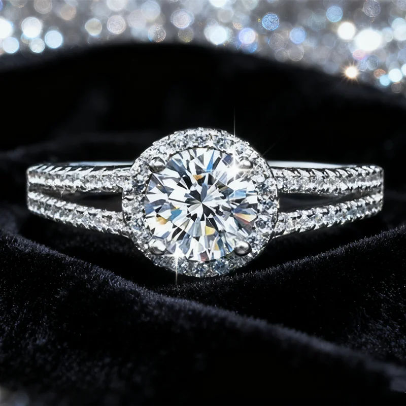 Classic Round Double Row Four Claw 1CT  Moissanite Ring S925 Sterling Silver Engagement Ring for Women