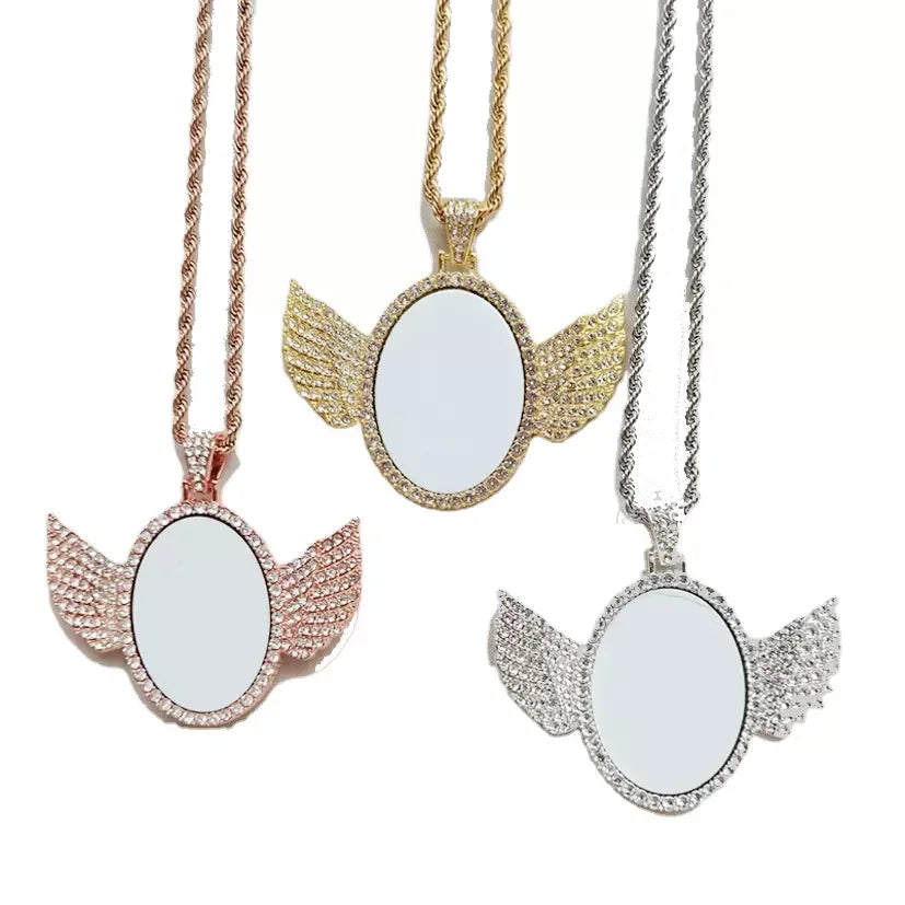 Hip Hop Jewelry Oval Angel Wing Necklace Stainless Steel Sublimation Necklace Blank
