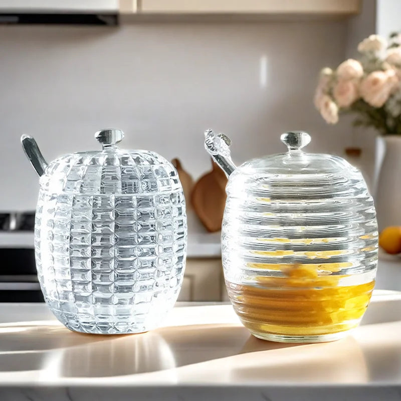 7 Oz Nordic Honey Dispenser Glass Honey Pot Jar Dipper Sticks Lid Thickened Cover Home Kitchen Food Grade Microwavable
