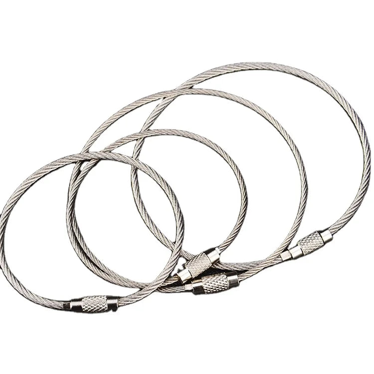 Stainless Steel Screw Lock Ring Wire Cable Rope Carabiner Keychain with Custom Logo Fashion Unisex Promotional Keyring Gift
