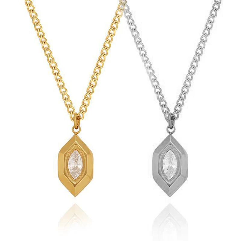 Custom 18K Gold Plated Stainless Steel Necklace for Women Minimalist Design with Rhombic Horse Eye Zircon Trendy Style Gift